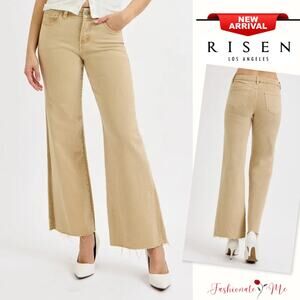 RISEN Tummy Control Mid Rise Waist Raw Hem Zipper Fly Wide Leg Denim Jeans | Tan